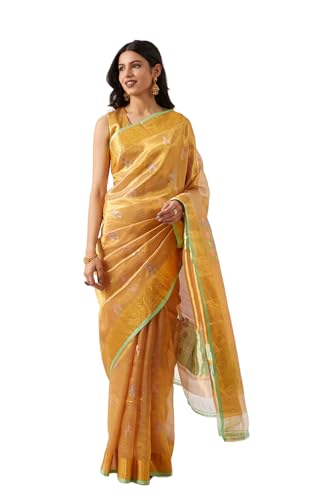 Taneira Women Gold Woven Pure Organza Tissue Kanjivaram Saree With Unstitched Blouse Piece (SHH07J00065-Gold)