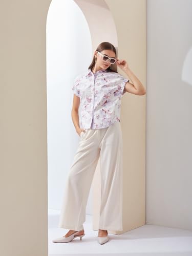 Latin Quarters Women's White Short Sleeves Collared Casual Printed Shirt_S
