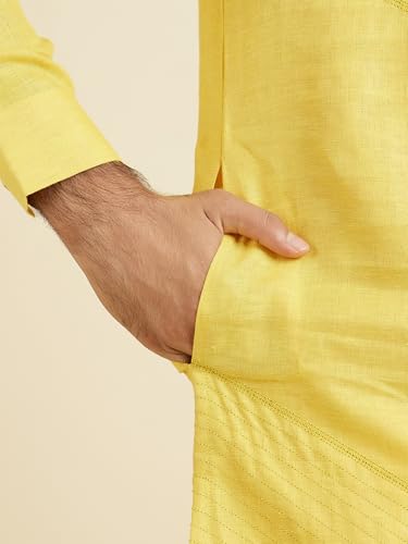 Manyavar Men's Pure Linen Solid Long Kurta(Yellow,L)