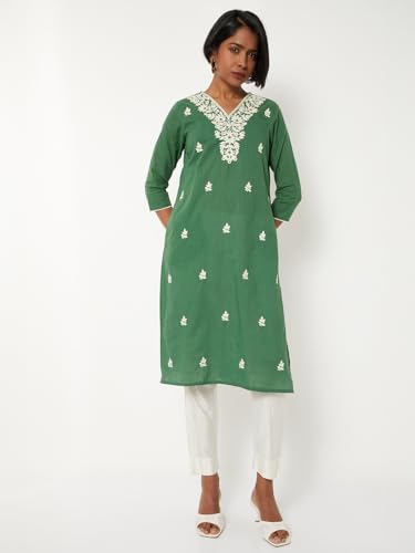 Max Women Chikankari Embroidered Kurta (Green_S)