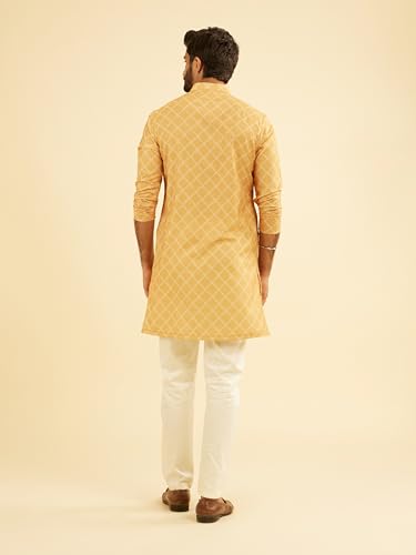 Manyavar Men's Cotton Blend Printed Mid Length Kurta(Mustard,L)