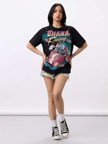 The Souled Store Lilo & Stitch: Ohana Racing Women and Girls Short Sleeves Round Neck Black Graphic Printed Cotton Oversized Breathable Lightweight All-Season T-Shirts