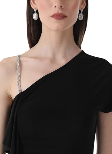 Kazo Solid Polyester Blend Asymmetric Women's Midi Dress (Black, Small)