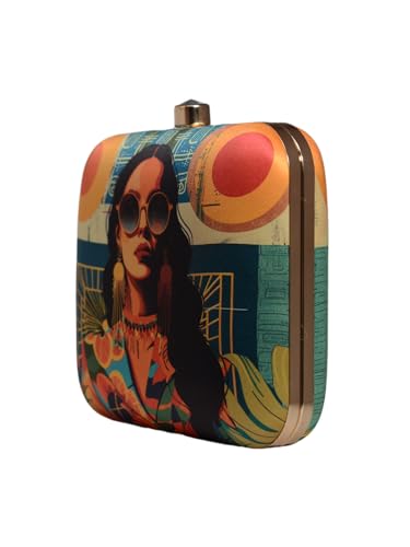 Artklim Multicolor modern Women Printed Funky Sling Bag for Girls - Box Clutch with Detachable Golden Strap - Ethnic Statement Bag