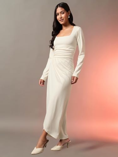 Trend Arrest.ed Women's Draped Bodycon Maxi Dress | Long Sleeve Square Neck Gown | Elegant Ruched Party Dress (Off White,XL)
