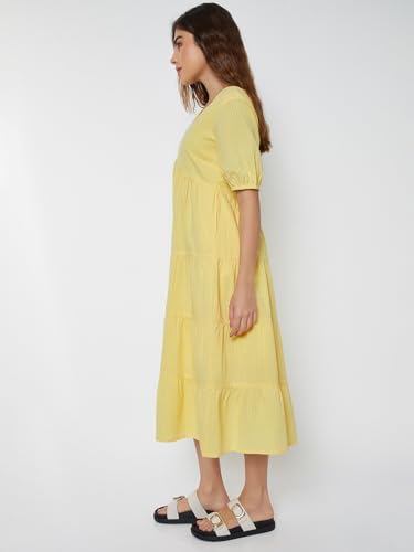 Max Women Striped Tiered Dress (Yellow_XS)