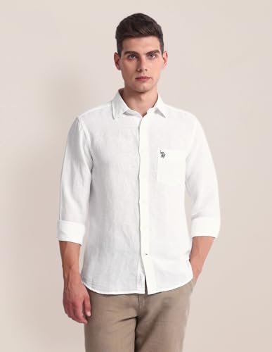 U.S. Polo Assn. Mens White Solid Collared Neck Long Sleeve Men's Casual Shirts (USSHTC0089_White_44)