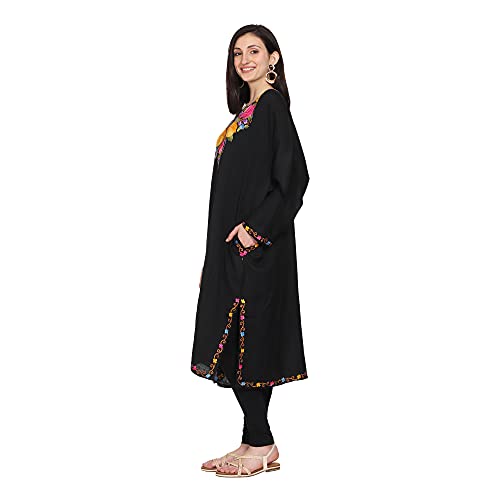 CRAFTBAZAR Kashmiri Woolen Black phiran with Multi Colour Embroidery Plus Size