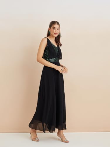 Latin Quarters Women's Black V-Neck Sleeveless Solid Party A-Line Dress_M
