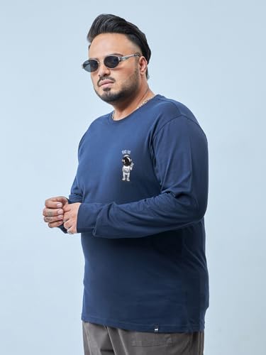 Bewakoof Men's Graphic Print Regular Fit Full Sleeve Round Neck Cotton Plus Size T-Shirt_694240_Blue_5XL