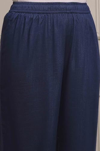 Biba Women Blue Viscose Rayon Straight Solid Suit Set_40