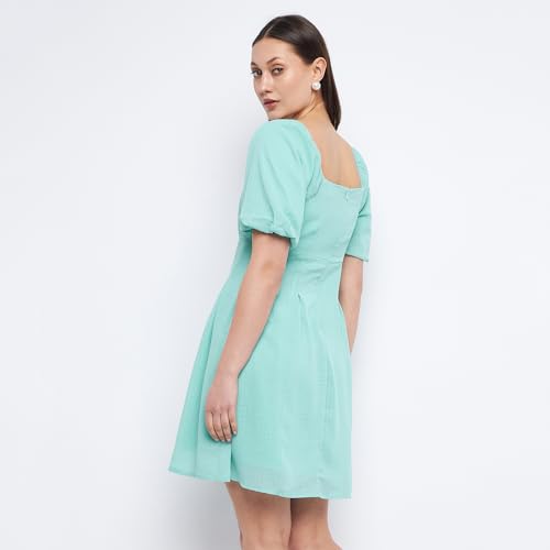 Madame Off-Shoulder Sea Green Chequered Dress