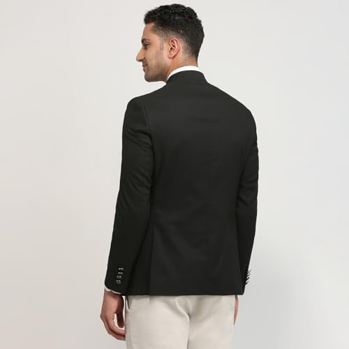 Raymond Men Regular Fit Solid Pattern Poly Viscose Blend Stand Collar Full Sleeve Ceremonial Jacket (Size: 38)-RIJI00130 Black