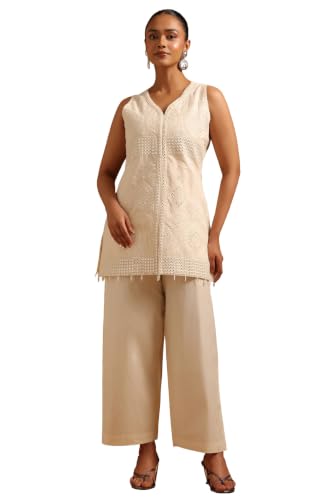 Soch Womens Cream Cotton Embroidered Mirror-Work Kurta Set