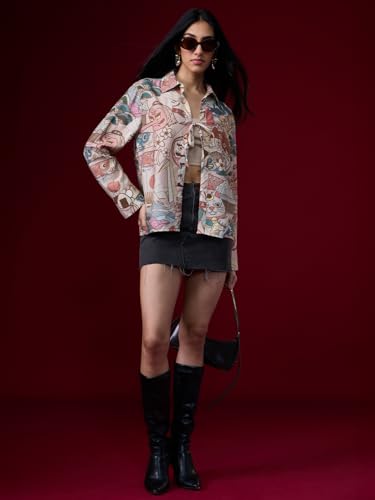The Souled Store Japanese Art: Women and Girls Full Sleeves Collared Beige Conversational Printed Viscose Nylon Blend Regular Fit Lightweight Winter-Ready Tie-Up Shirt