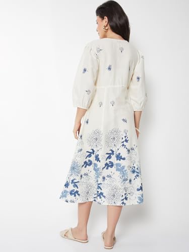 Max Women Floral Print A-Line Dress (Off White_S)