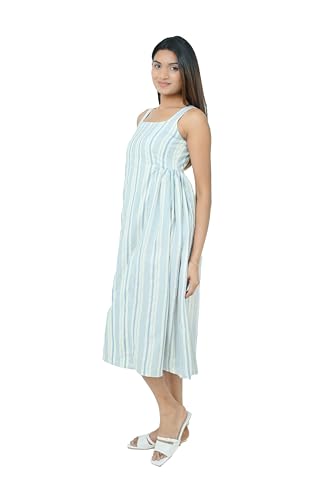 WE WORTH Women’s Striped Sleeveless Midi Dress | Square Neck Fit & Flare Casual Summer Dress for Girls (in, Alpha, M) White