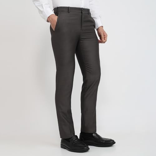 Raymond Men Slim Fit Structure Pattern Polyester Blend Flat Front Formal Trouser Dark Brown