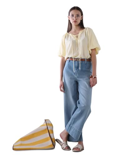 ONLY Women's Solid Wide Leg Blue Jeans with Belt