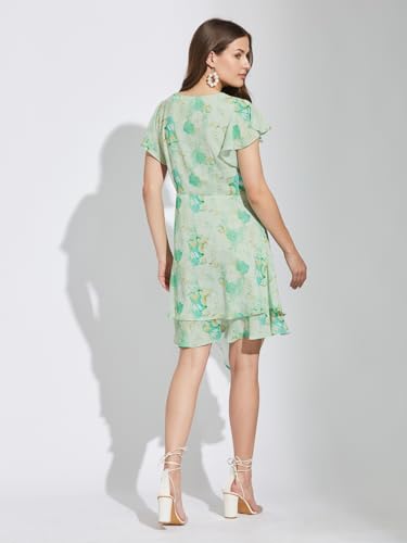 Latin Quarters Women Green V-Neck Half Sleeves Printed Above Knee A-Line Dress for Casual Wear_S