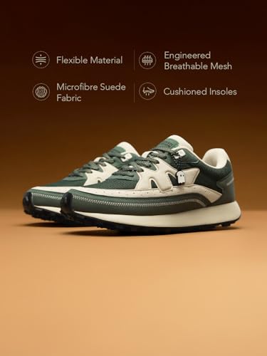 The Souled Store Milano: Olive Women and Girls Low Top Sneakers Olive and Off-White Retro Trainer Microfibre Suede and Engineered Mesh Cushioned Sole Chunky Retro Sneakers