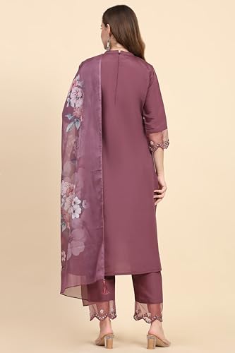 TRENDMALLS Women's Satin Silk Embroidery Salwar Suit Set Kurta Pant with Dupatta (G192-Purple-XXL)