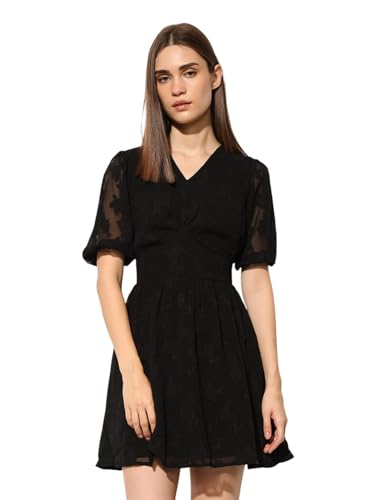 ONLY Women's Self Design Fit and Flare Black Dress