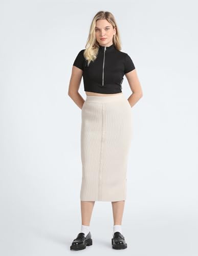 Calvin Klein Women Embroidered Slim Beige Skirt (M) - J219981ACF