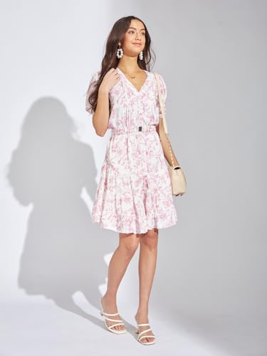 Latin Quarters Women Pink Floral Printed Mini A-Line Dress | V-Neck | Half Sleeves | Button Closure
