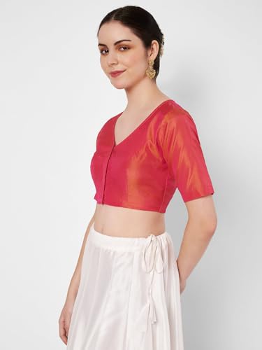 studio rasa Women's Silk Blend Dual-Tone V-Neck Blouse for Festive Wedding Party (TPWC62543S_Pink_Small)