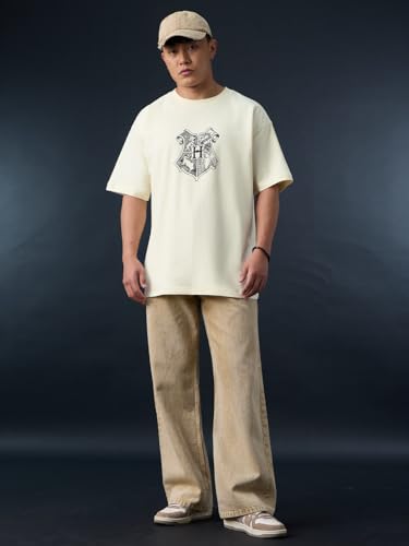 The Souled Store Official Harry Potter: Marauder's Map (Solar) Men and Boys Short Sleeves Round Neck Cream Graphic Printed Magic Map Oversized T-Shirt
