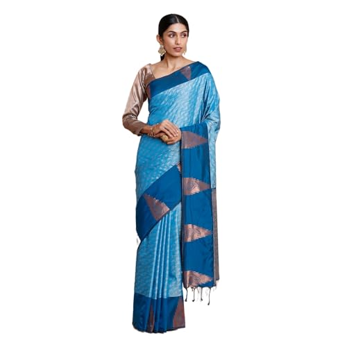 Kalyan Silks Women's Blue Silver Zig Zak Desigen Semi Silks Saree With Temple Border With Zari Blue Blouse