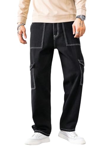 KOTTY Men's Solid Loose Fit Street Style Utility Wear Baggy Cargo Jeans(Black,28)