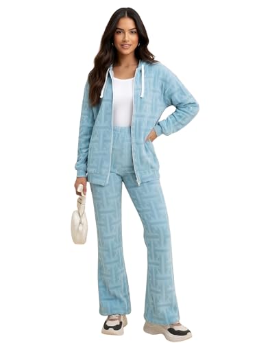 LERIYA FASHION Co-ord Set for Women Stylish | Warm Hooded Hoodie & Pant Set | Winter Wear Womens Dress | Casual Travel & Loungewear Outfit (LF-W2513&TR1454-4XL-Blue)