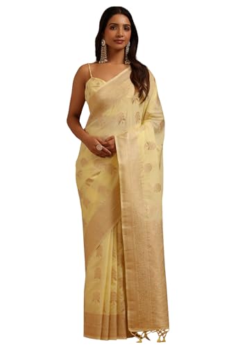 Soch Womens Light Yellow Tussar Floral Zari Woven Saree
