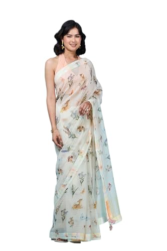 Taneira Women Off White Printed Pure Silk Cotton Saree with Unstitched Blouse Piece (SPH08F00024-Off White)