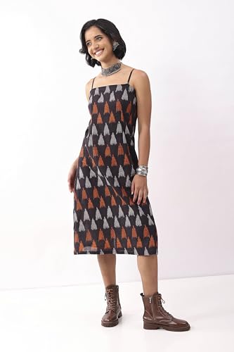 Biba Nxt Women Black Cotton Abstract Printed Strappy Midi Dress_38