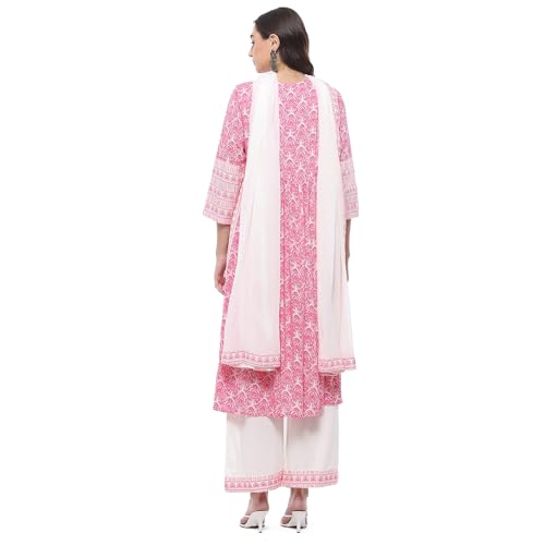 Biba WOMEN PRINTED STRAIGHT SALWAR KURTA DUPATTA(SKDASSORTED7518_WHT/PNK_32)