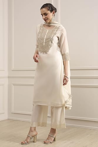 Biba Women's Polyester Kurta, Bottom, Dupatta (SKDUTSV31130AW25OWHT