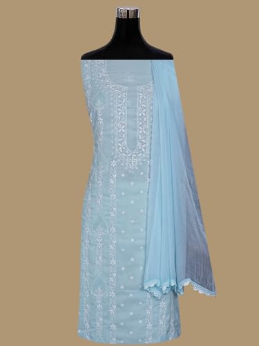 Ada Hand Embroidered Lucknowi Chikankari Unstitched Cotton Dress Material Suit Piece with Dupatta for Women 01A773515 Blue