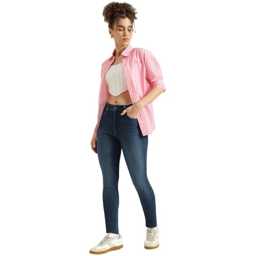United Colors of Benetton Solid Skinny Fit High Waist Dark Wash Jeans (Size: 28) - 26P4DENIM161I901 Blue