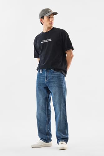 SNITCH Men Casual Jeans | Loose Fit Blue Mid Rise Stone-Wash Design | 100% Cotton Smooth Texture & Durable Stitching for Everyday Comfort & Style