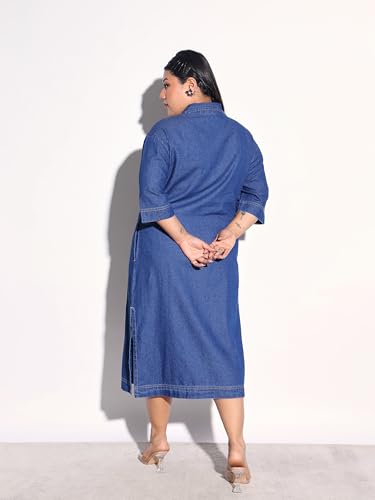 Sassafras Curve Women Navy Blue Tencel Button Down Shirt Midi Dress-3XL