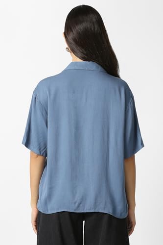 Women Light Blue Solid Short Sleeves Casual Shirt