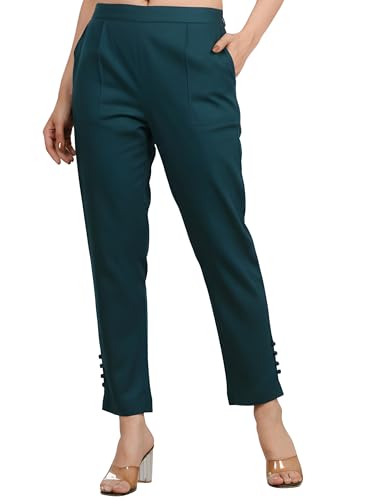 Yash Gallery Women’s Solid Crystal Teal Lycra Stretchable High-Waist Comfort Stretch Pants with Side Pockets | Soft Breathable Fabric | Stylish Casual & Office Wear Bottoms for All-Season Fashion