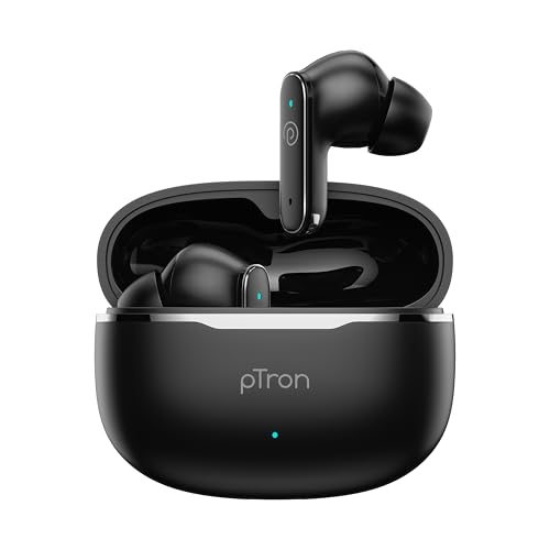 pTron Bassbuds Eon in-Ear TWS Earbuds w/ 13mm Drivers, 45Hrs Playtime, Dual HD Mic & TruTalk AI-ENC Calls, Custom EQ,Mobile App, Bluetooth v6.0 Headphones,Voice Assist., Type C Charging & IPX5 (Black)