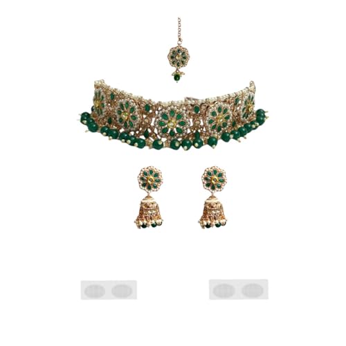 ACCESSHER green-white choker set features pearls, American Diamonds, matching maangtika, earrings with Transparent earrings supporter sticker and Mangtikka Support Patch