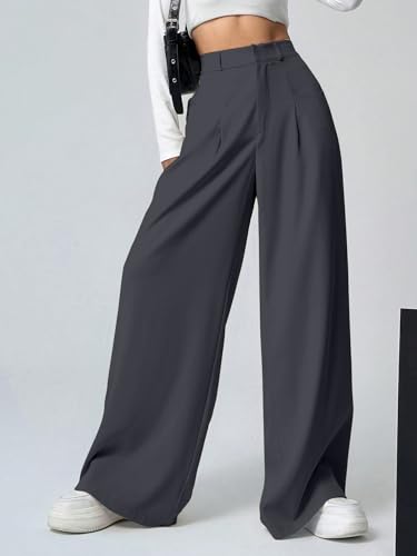 Aahwan Cgrey Solid High Waist Straight Korean Loose Pleated Wide Leg Trouser for Women's & Girl's(296-Cgrey_36)