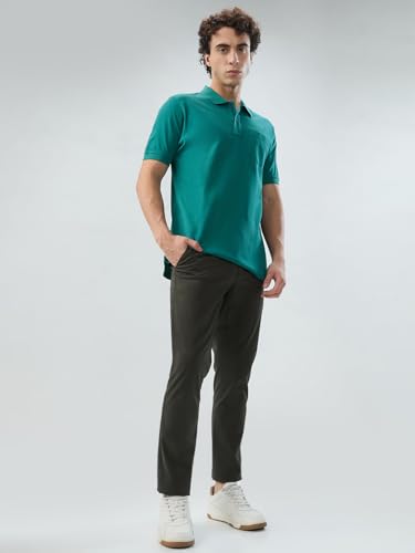 Raymond Men Slim Fit Solid Pattern Cotton Blend Flat Front Casual Trouser Dark Green