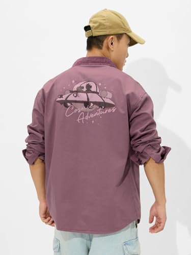 The Souled Store Rick & Morty: Cosmic Adventure Men and Boys Long Sleeves Collared Neck Button Front Purple Graphic Printed Cotton Relaxed Fit Shirts